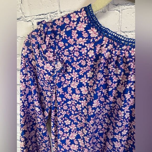 J Crew Cobalt Blue Pink Ditzy Cottagecore Romantic Sweet Long Sleeve Blouse XS - Picture 2 of 13